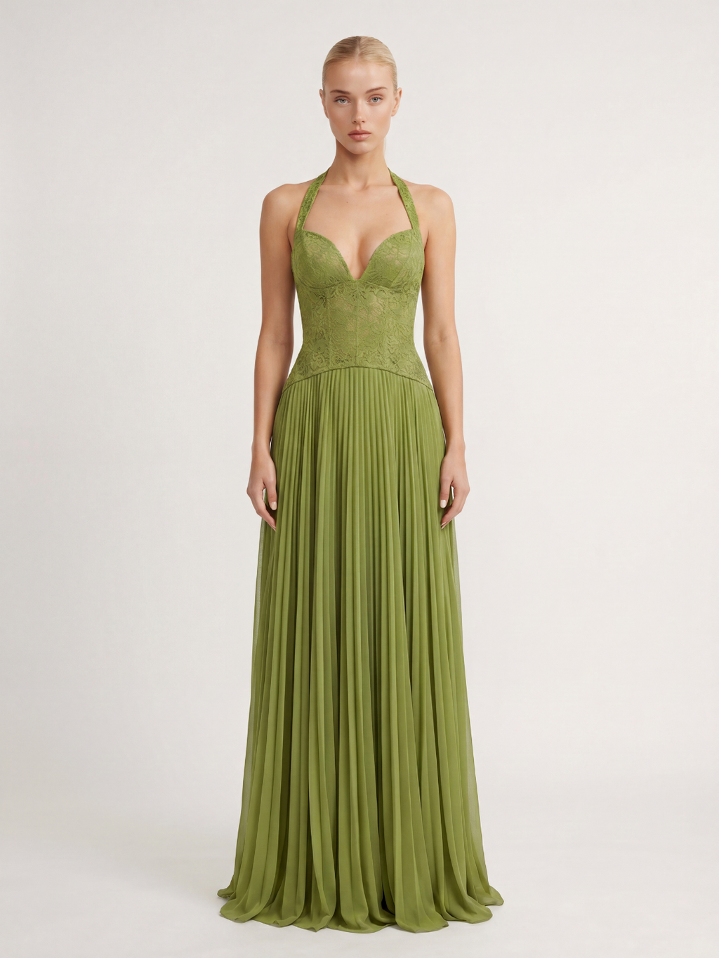 SERAPHINA Women's Halter Lace Corset Pleated Maxi Dress