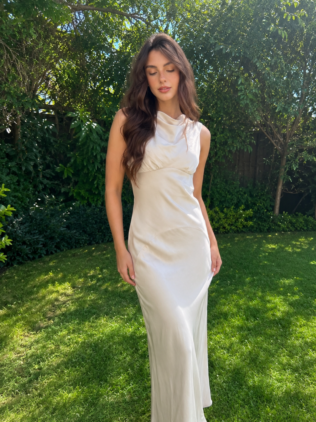 HANA Women's Cowl Neck Open-Back Satin Maxi Dress