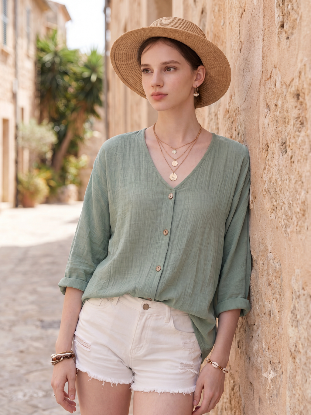 FREYA Women's Relaxed V-Neck Button-Up Linen Blouse