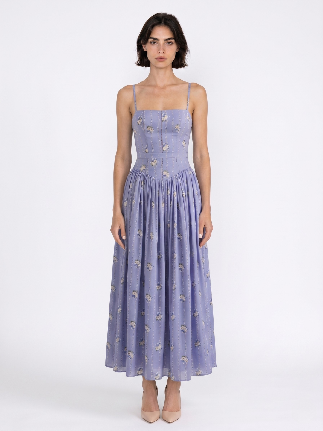 EVANGELINE Women's Floral Spaghetti-Strap Midi Dress with Gathered Skirt
