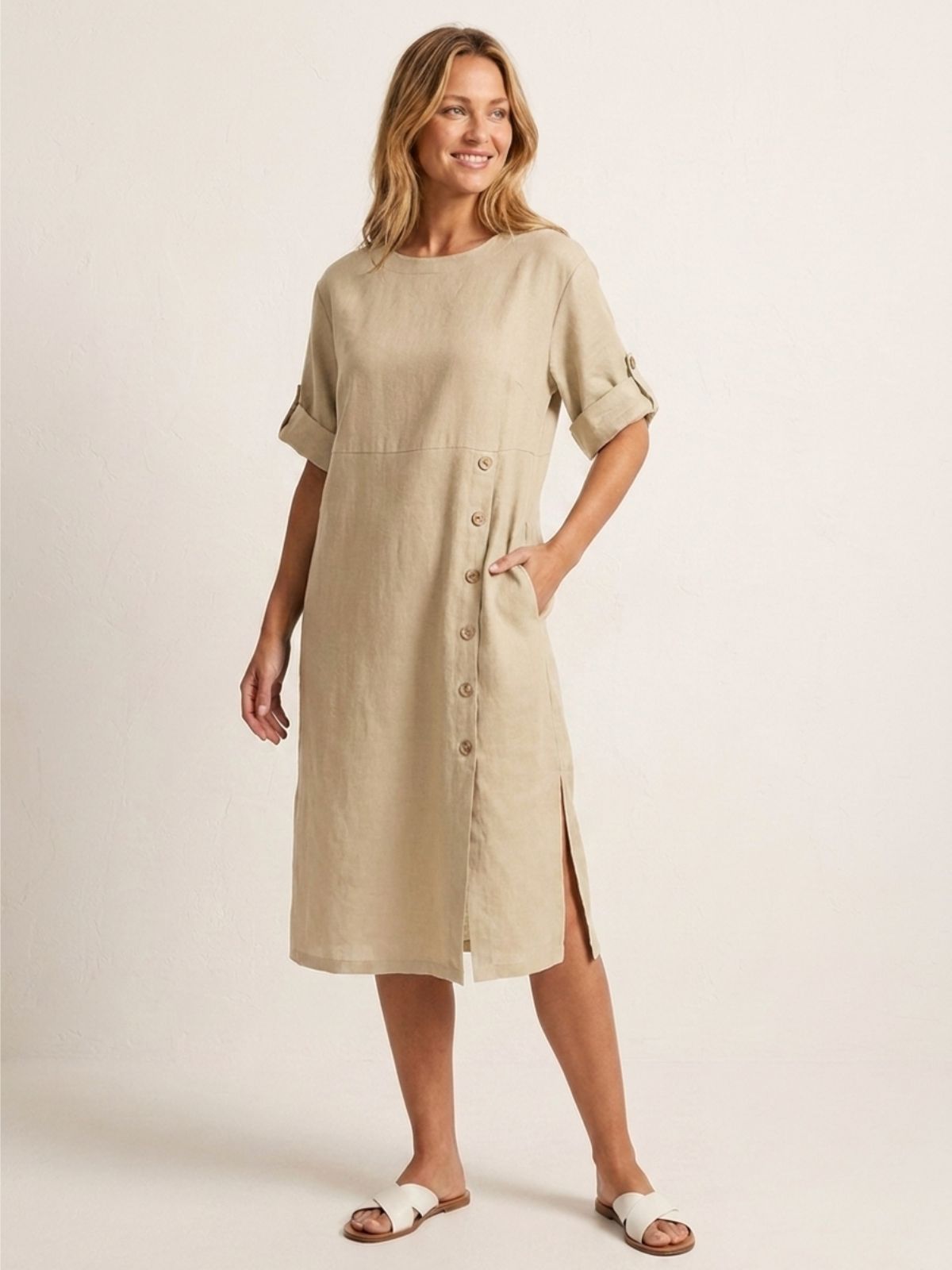 GRACE Women's Linen Midi Dress with Button Detail and Roll-Tab Sleeves