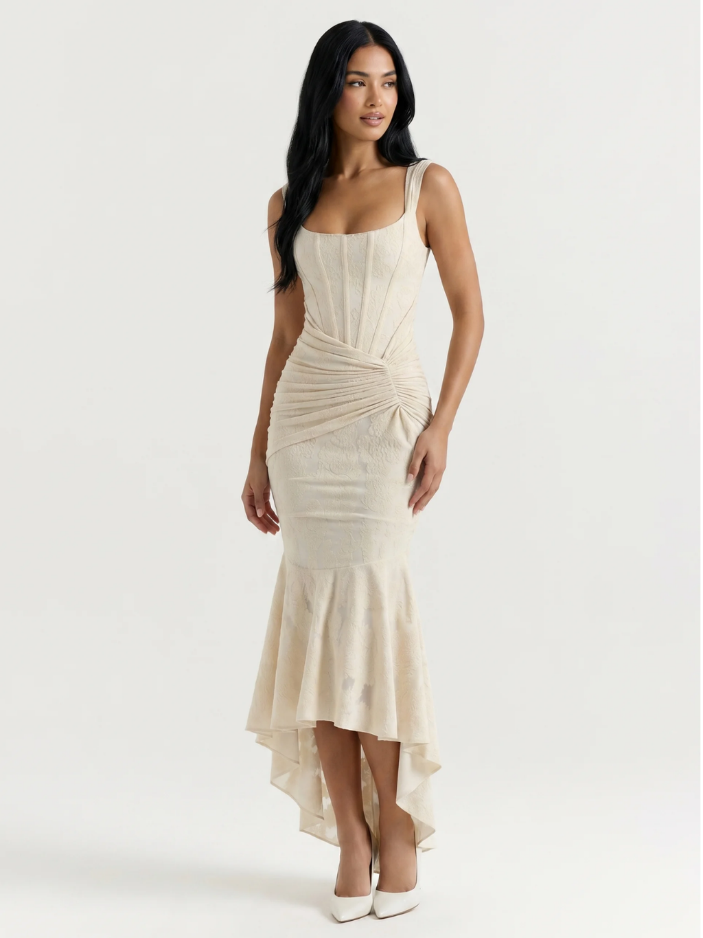 EVANGELINE Women's Corset Bodice Ruched High-Low Midi Dress