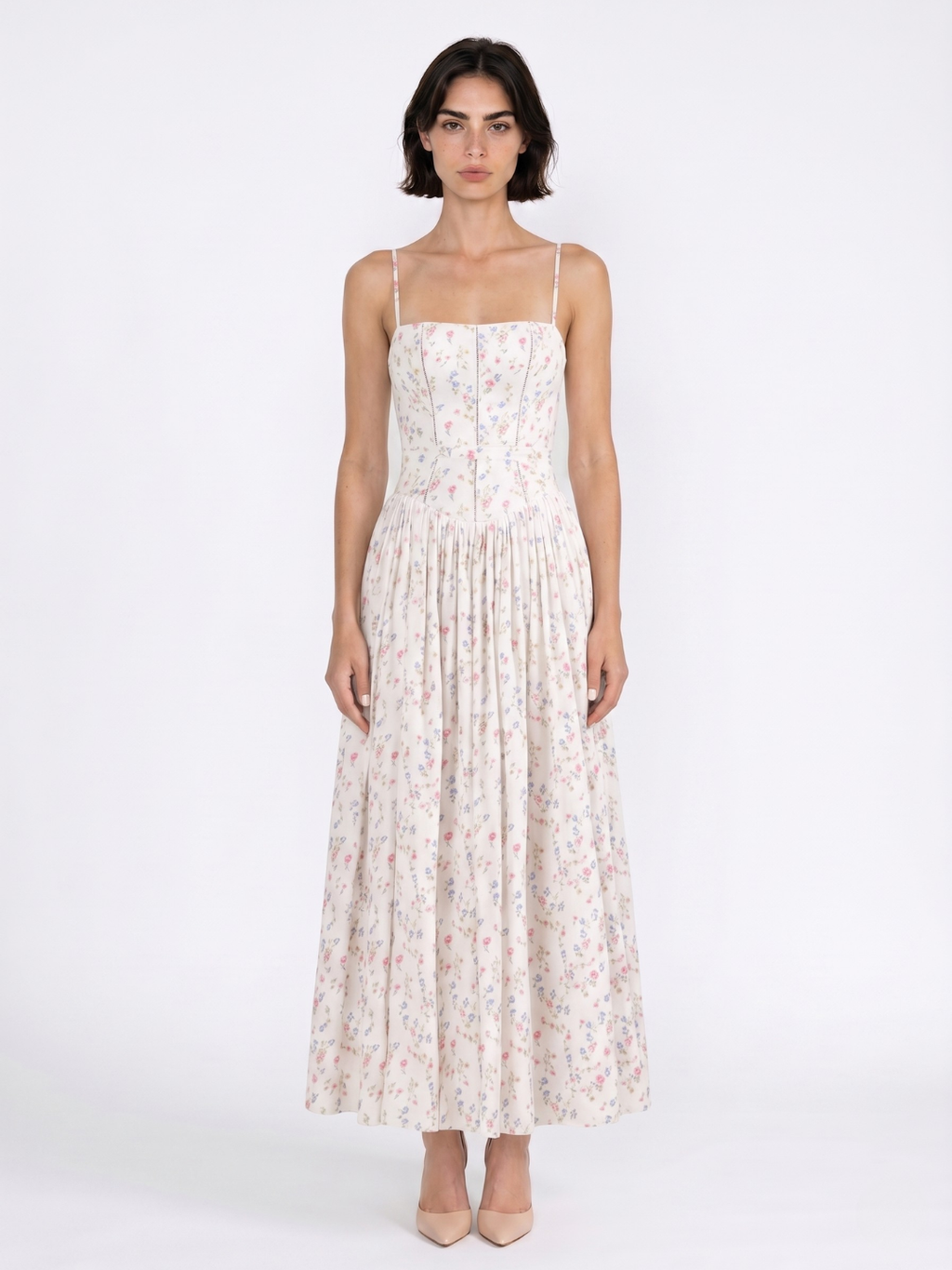EVANGELINE Women's Floral Spaghetti-Strap Midi Dress with Gathered Skirt