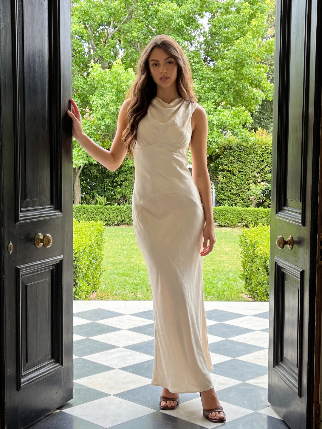 HANA Women's Cowl Neck Open-Back Satin Maxi Dress