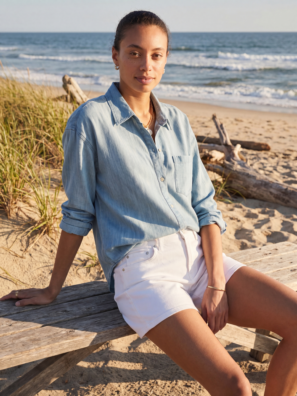 SADIE Women's Relaxed Chambray Button-Down Shirt with Pocket
