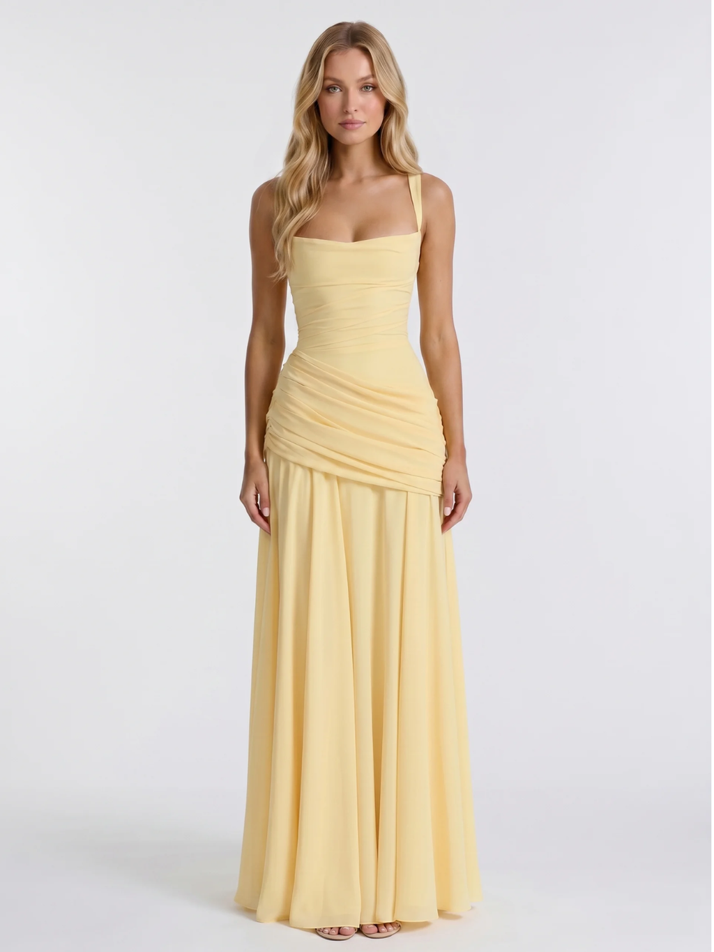 ADELINE Women's Square-Neck Ruched Maxi Dress with Draped Waist