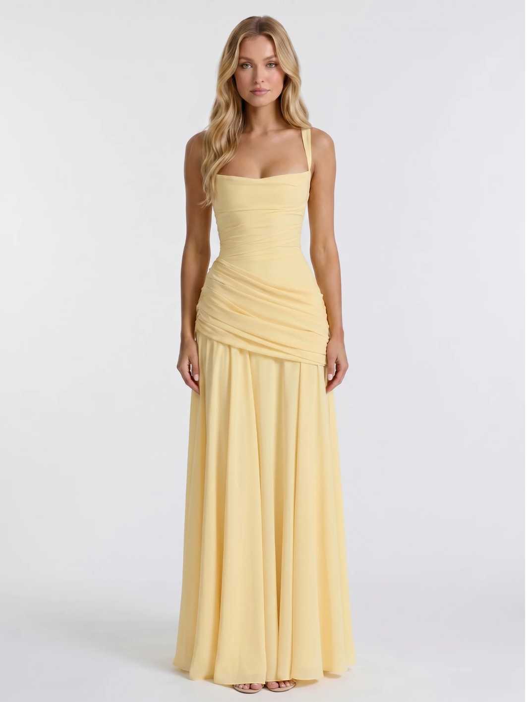 ADELINE Women's Square-Neck Ruched Maxi Dress with Draped Waist