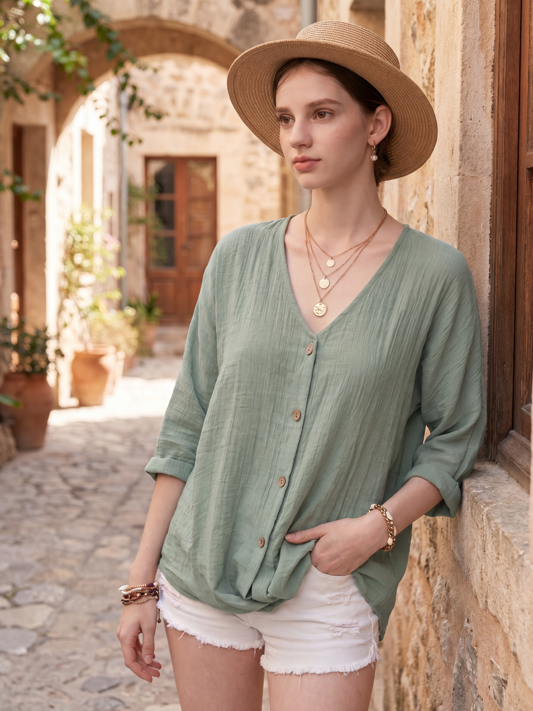 FREYA Women's Relaxed V-Neck Button-Up Linen Blouse