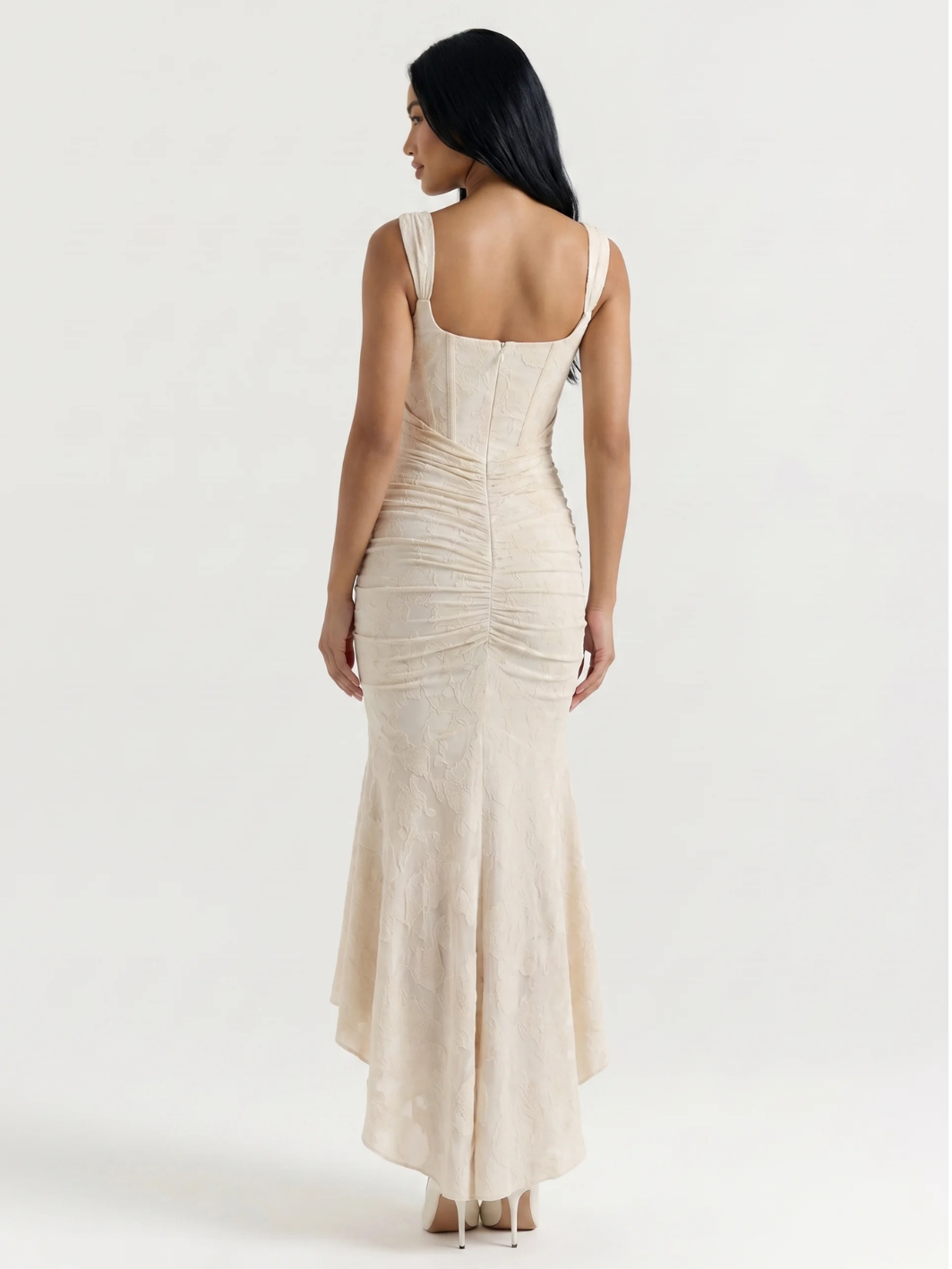 EVANGELINE Women's Corset Bodice Ruched High-Low Midi Dress