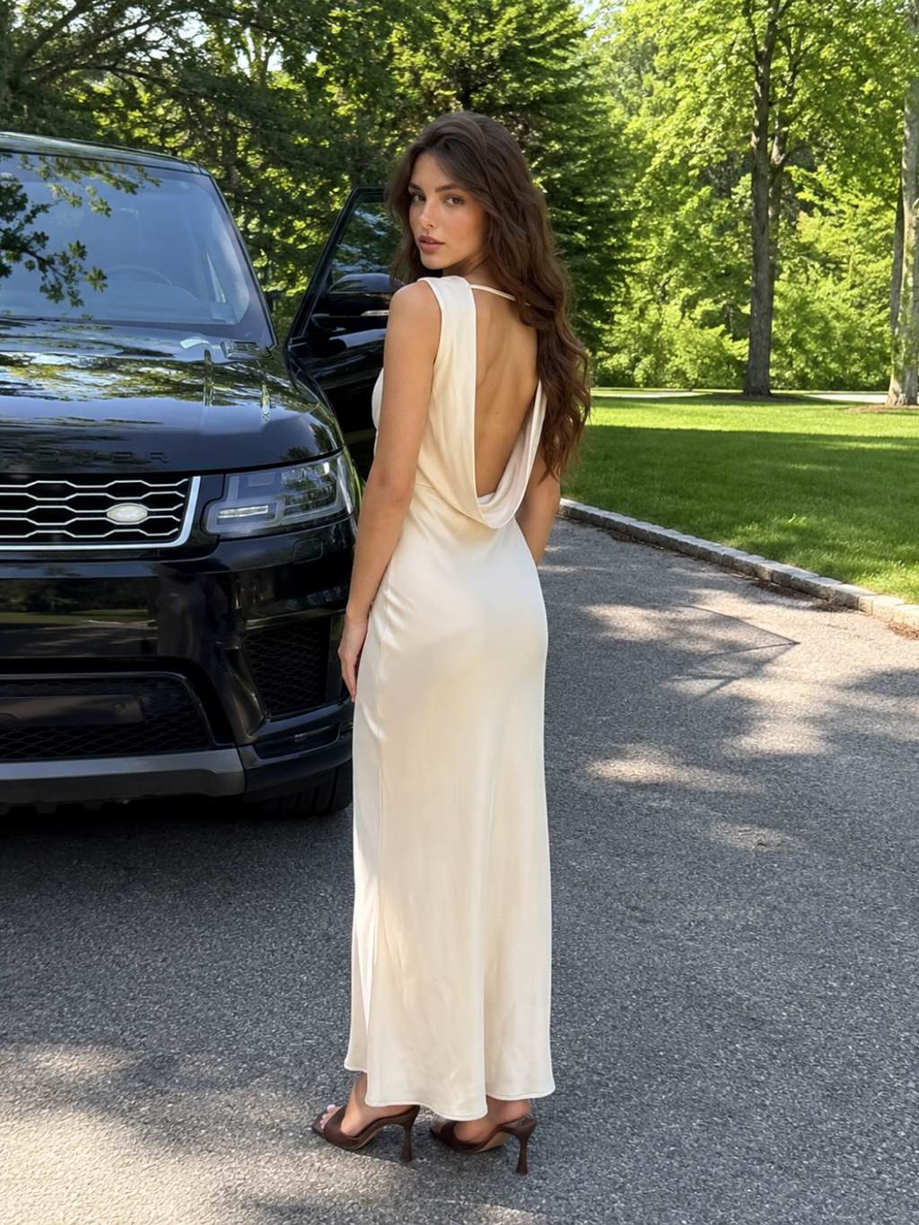 HANA Women's Cowl Neck Open-Back Satin Maxi Dress
