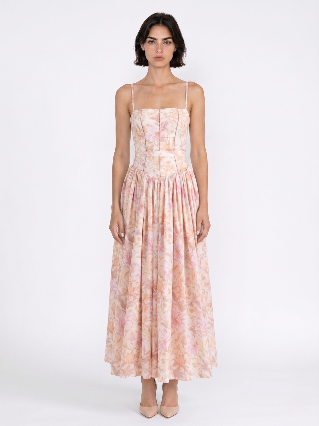 EVANGELINE Women's Floral Spaghetti-Strap Midi Dress with Gathered Skirt