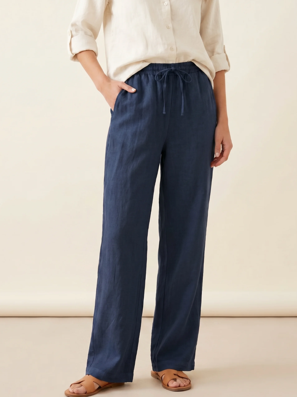 ELISE Women's Straight-Leg Linen Drawstring Pant with Pockets