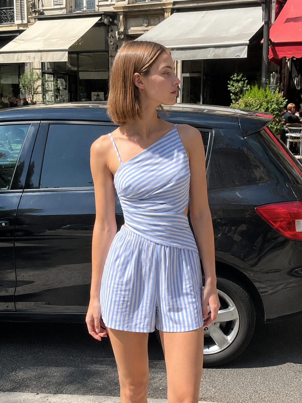 LUCIA Women's Striped Asymmetric Cutout Top & Shorts Set