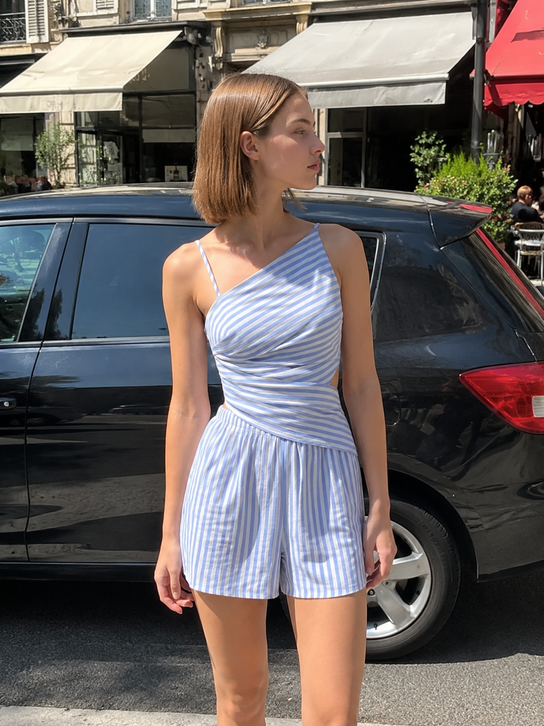 LUCIA Women's Striped Asymmetric Cutout Top & Shorts Set