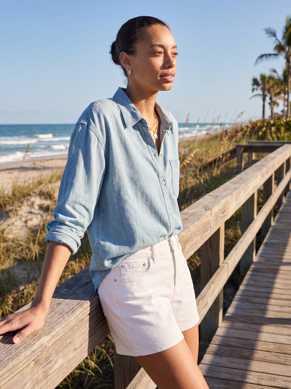 SADIE Women's Relaxed Chambray Button-Down Shirt with Pocket