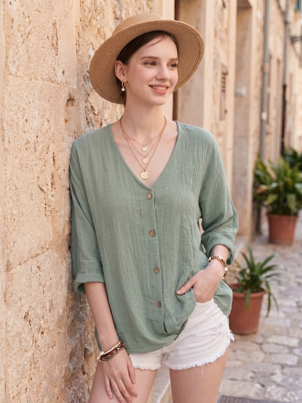 FREYA Women's Relaxed V-Neck Button-Up Linen Blouse