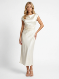 INGRID Women's Boat-Neck Cowl-Back Satin Midi Dress