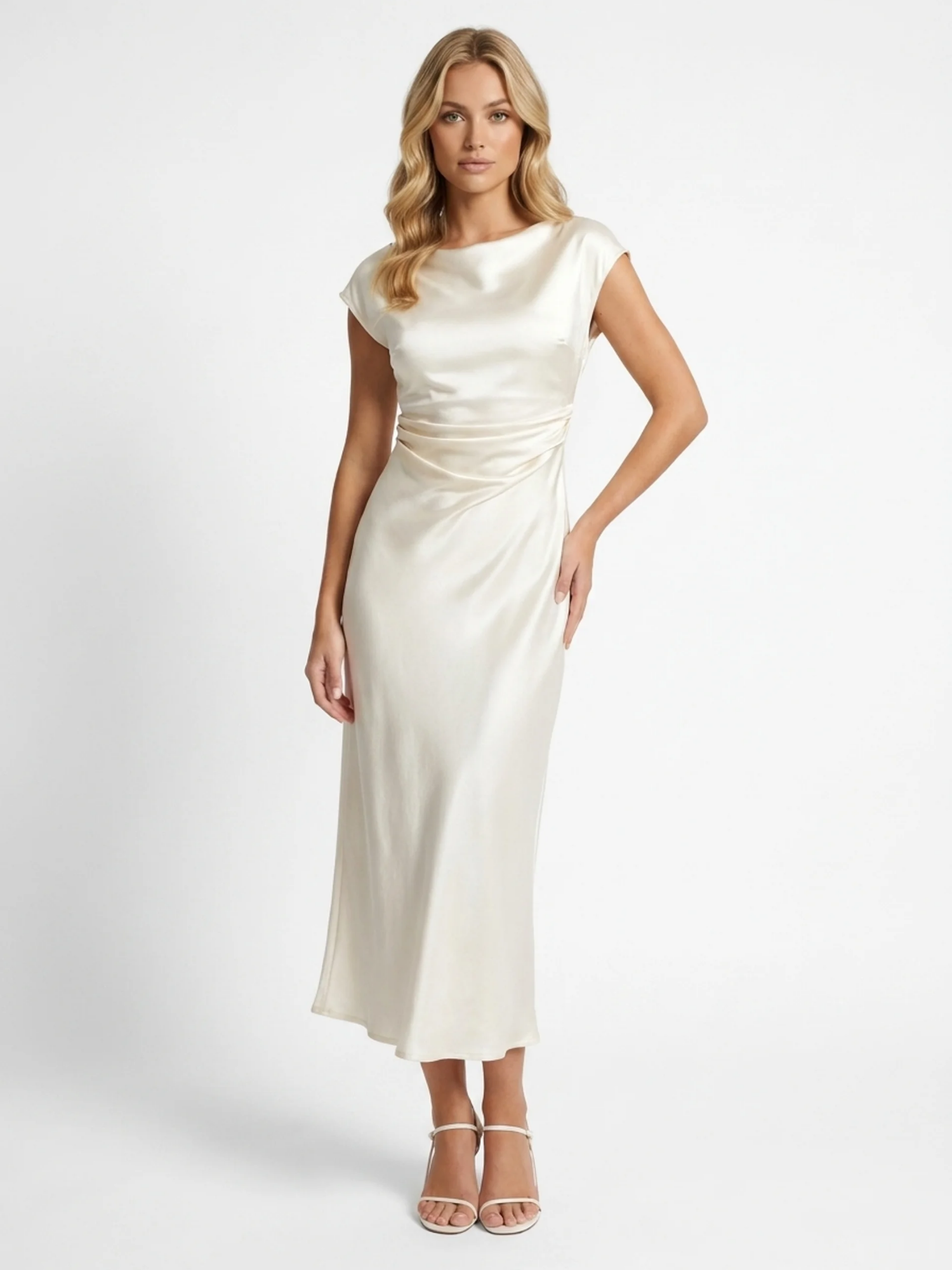 INGRID Women's Boat-Neck Cowl-Back Satin Midi Dress