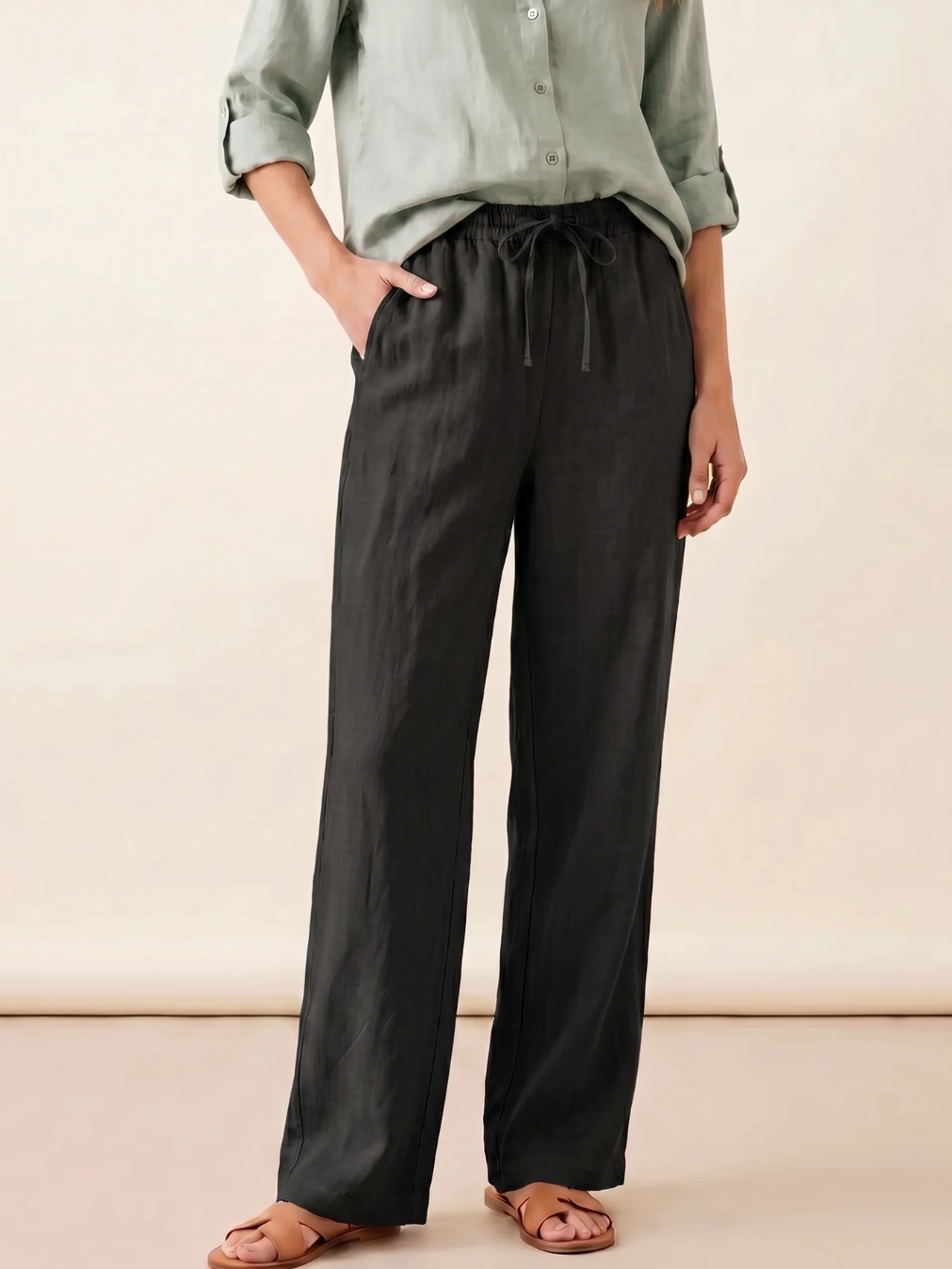 ELISE Women's Straight-Leg Linen Drawstring Pant with Pockets