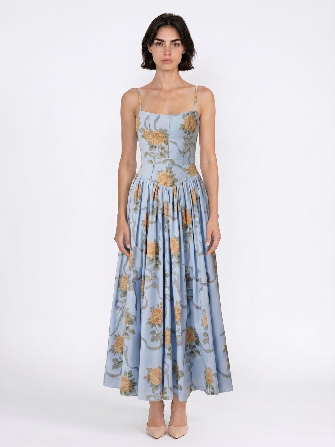 EVANGELINE Women's Floral Spaghetti-Strap Midi Dress with Gathered Skirt