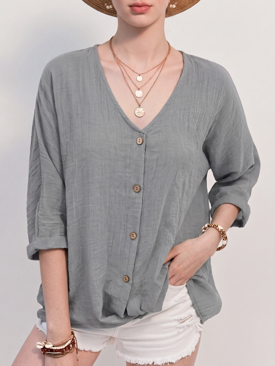 FREYA Women's Relaxed V-Neck Button-Up Linen Blouse