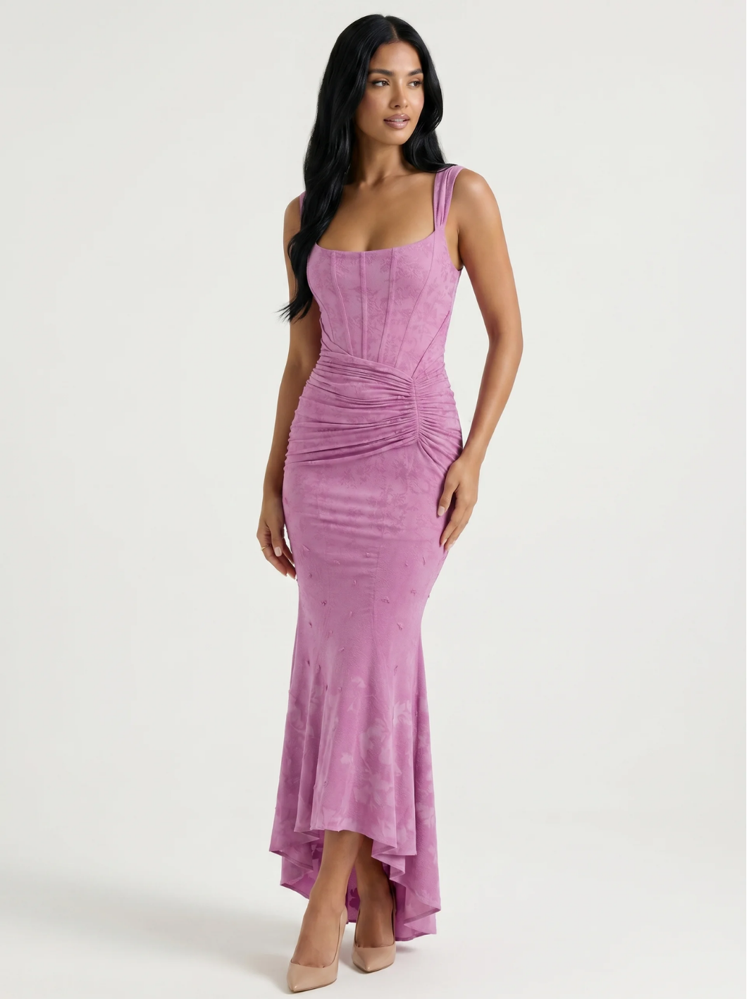 EVANGELINE Women's Corset Bodice Ruched High-Low Midi Dress