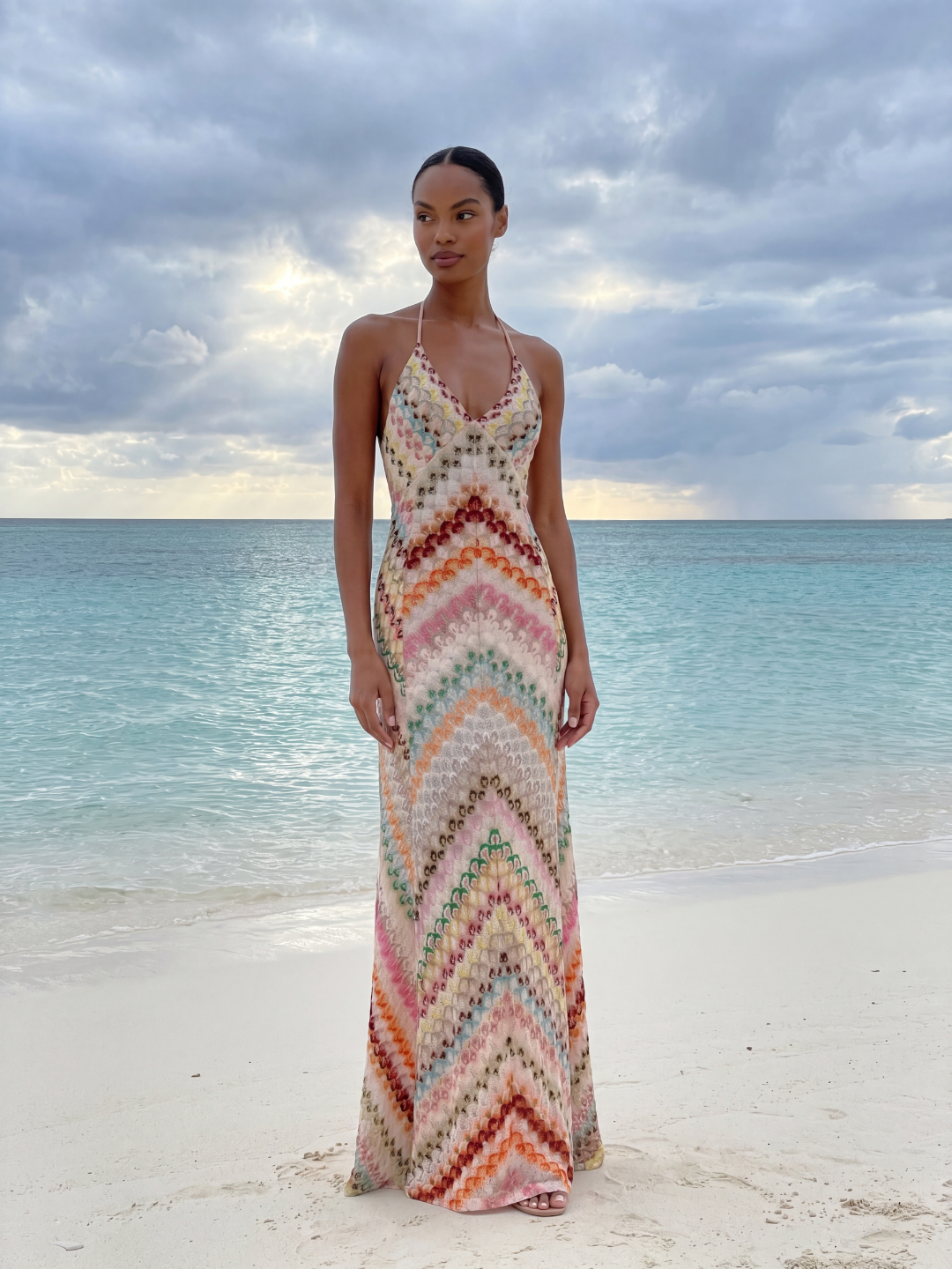 MARISOL Women's Crochet Knit Chevron V-Neck Maxi Dress