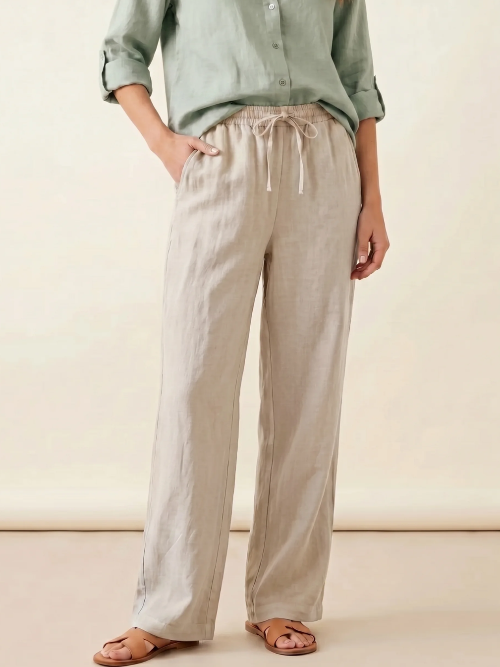 ELISE Women's Straight-Leg Linen Drawstring Pant with Pockets