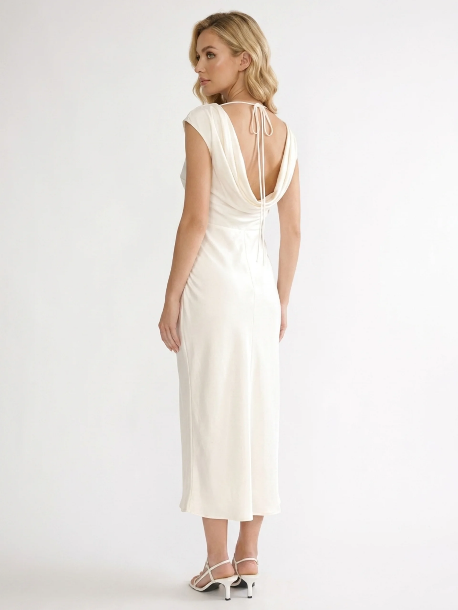 INGRID Women's Boat-Neck Cowl-Back Satin Midi Dress