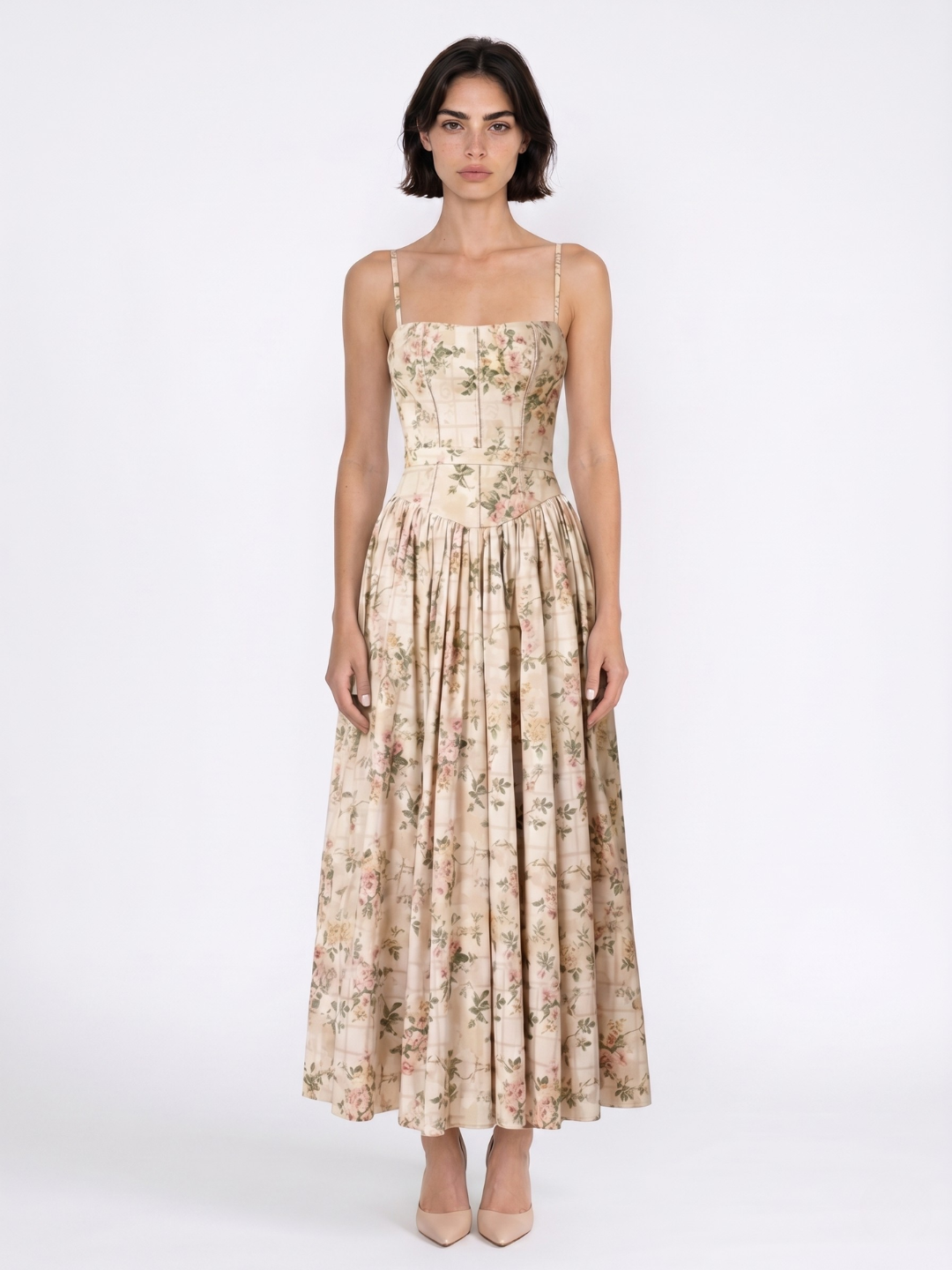 EVANGELINE Women's Floral Spaghetti-Strap Midi Dress with Gathered Skirt