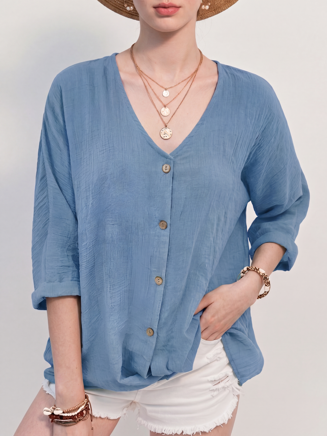 FREYA Women's Relaxed V-Neck Button-Up Linen Blouse