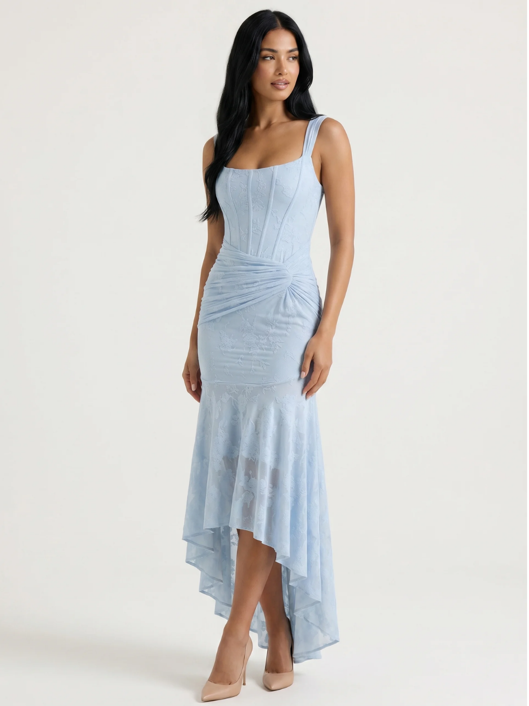 EVANGELINE Women's Corset Bodice Ruched High-Low Midi Dress