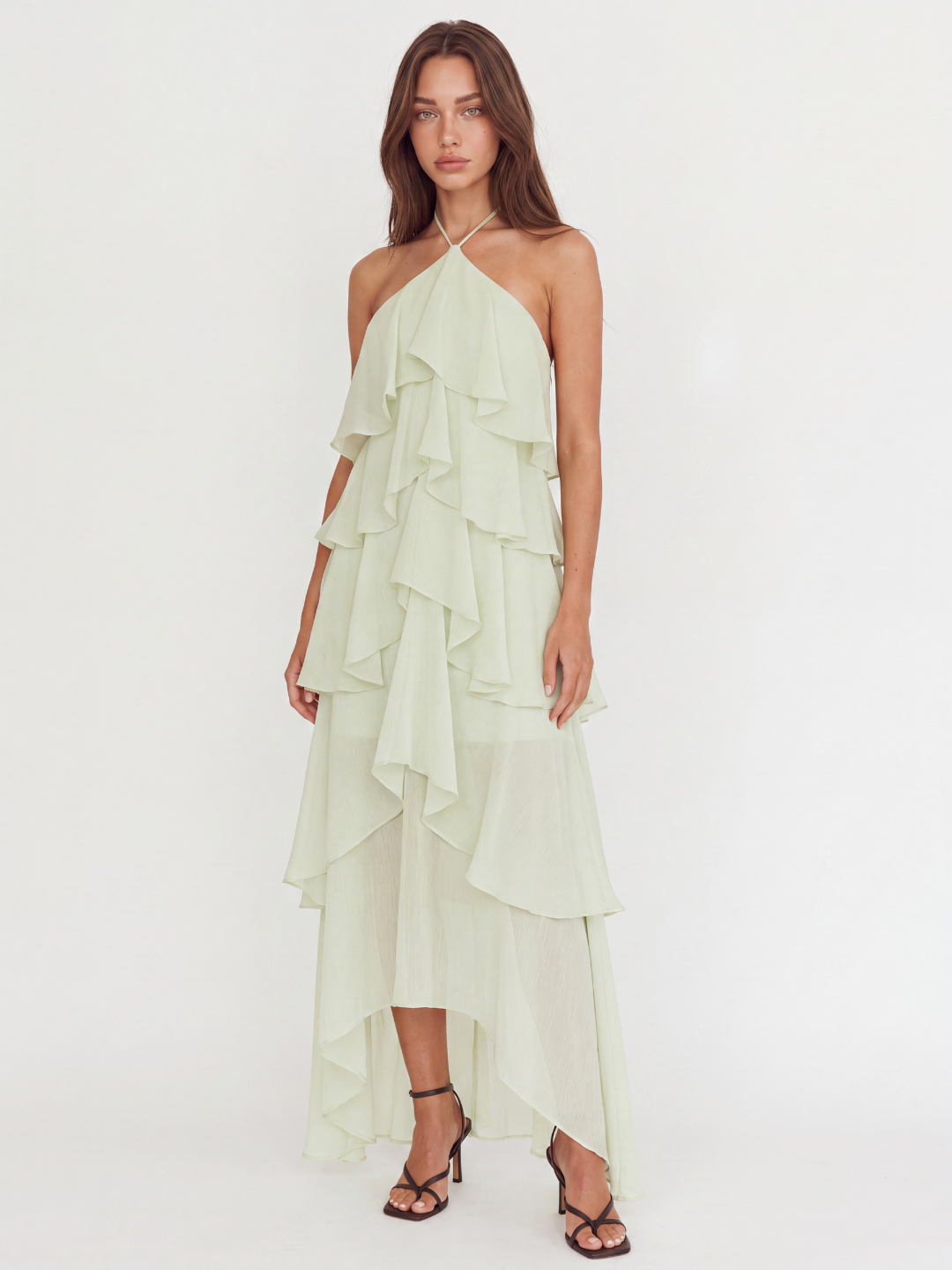 MEI Women's Halterneck Tiered Ruffle Maxi Dress