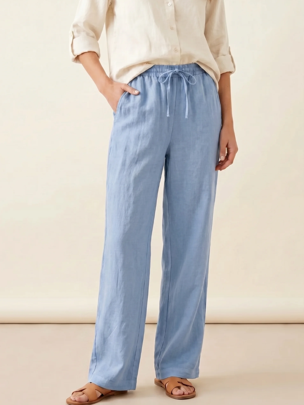ELISE Women's Straight-Leg Linen Drawstring Pant with Pockets