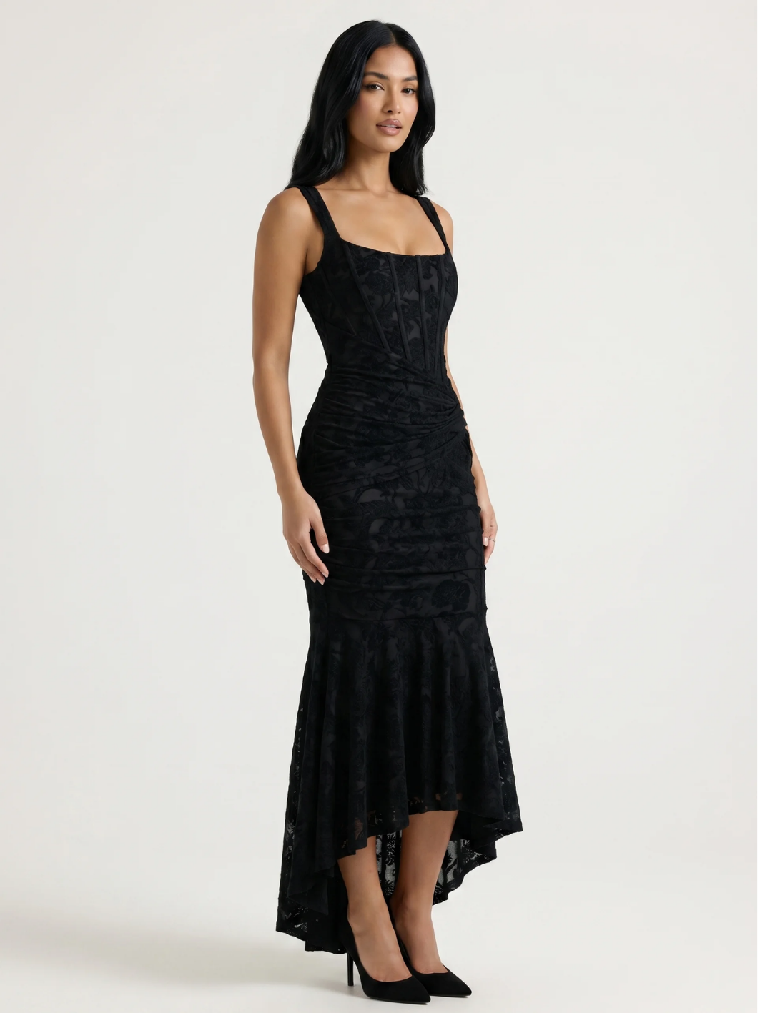 EVANGELINE Women's Corset Bodice Ruched High-Low Midi Dress