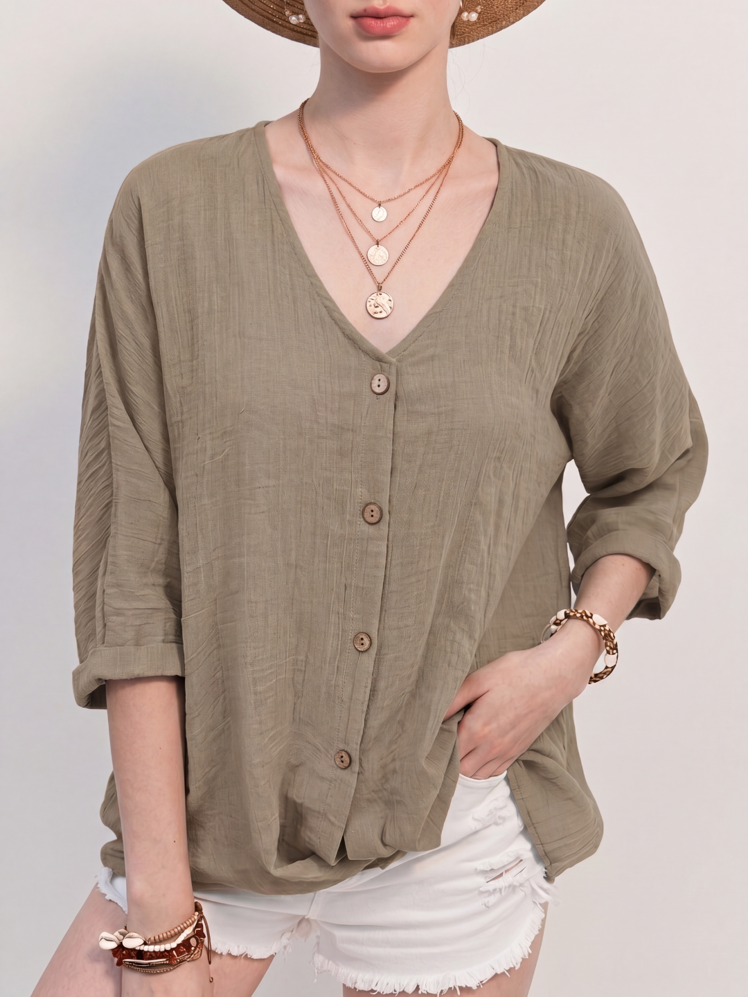 FREYA Women's Relaxed V-Neck Button-Up Linen Blouse
