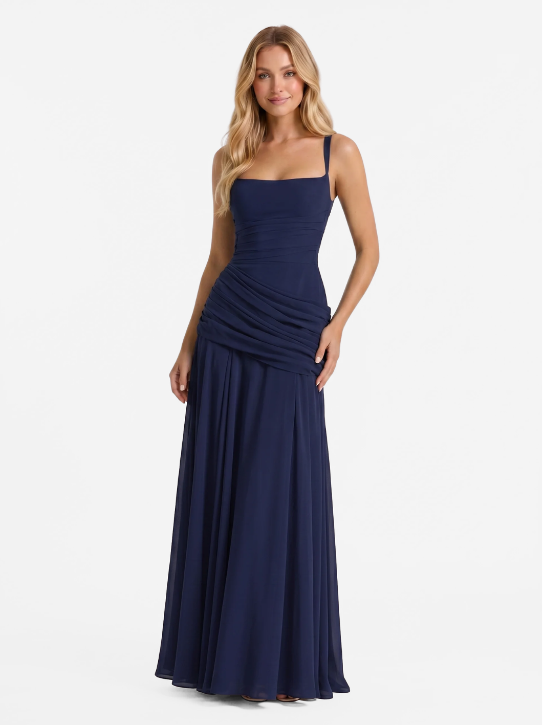 ADELINE Women's Square-Neck Ruched Maxi Dress with Draped Waist