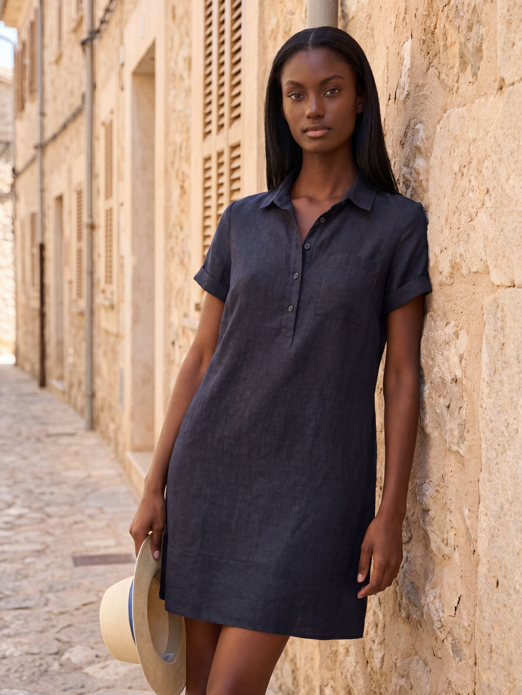 HAZEL Women's Short-Sleeve Linen Relaxed Popover Shirtdress with Pockets