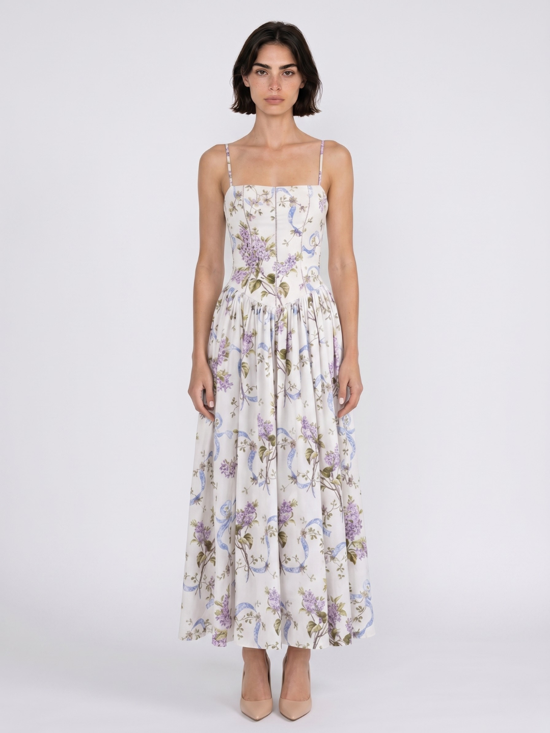 EVANGELINE Women's Floral Spaghetti-Strap Midi Dress with Gathered Skirt