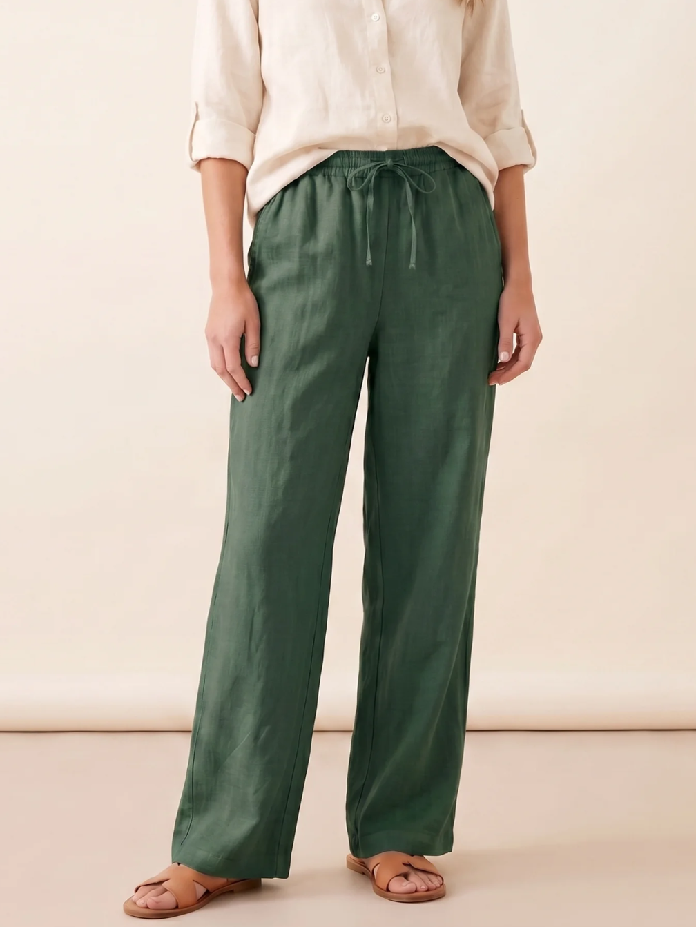 ELISE Women's Straight-Leg Linen Drawstring Pant with Pockets