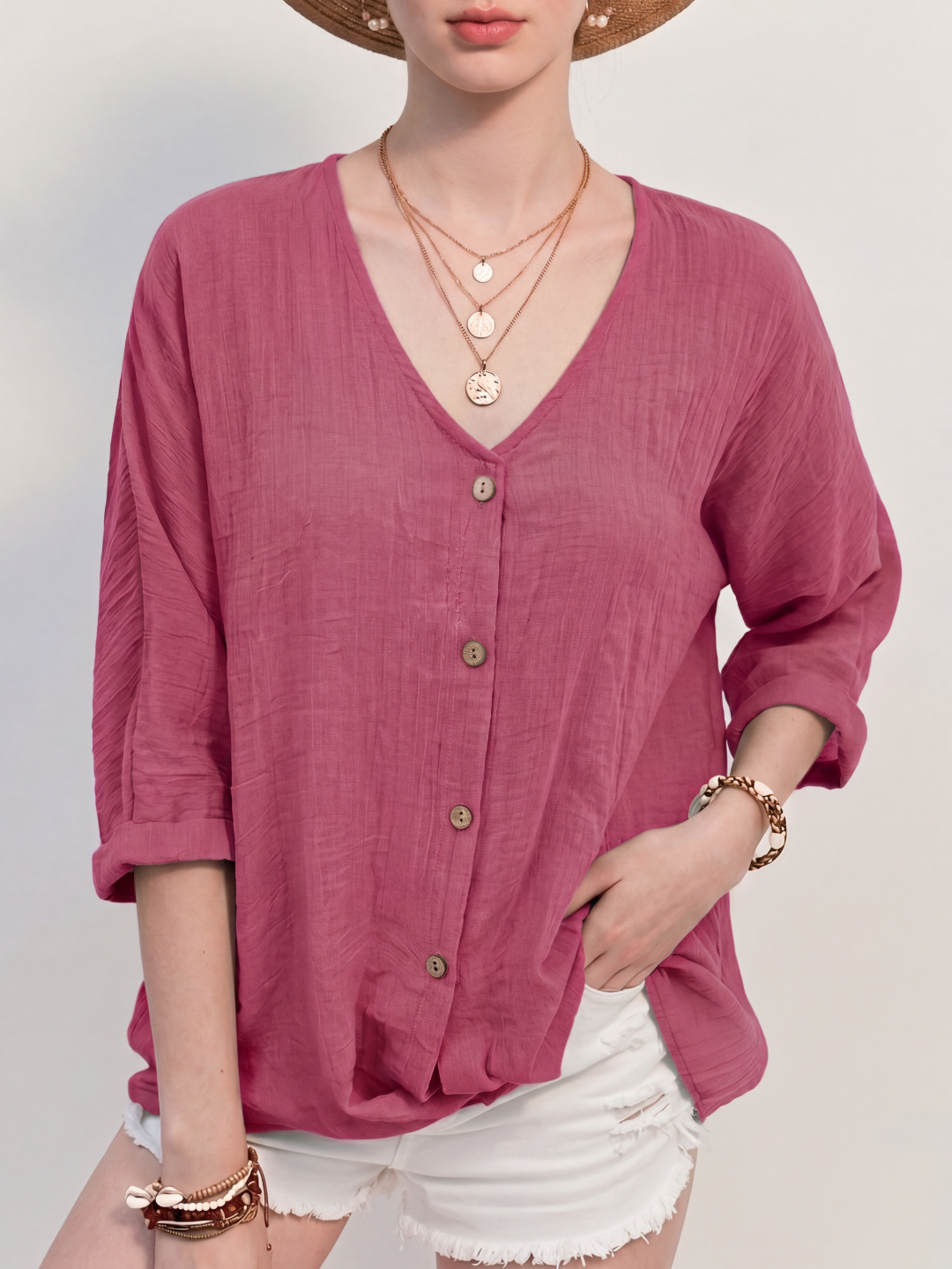 FREYA Women's Relaxed V-Neck Button-Up Linen Blouse