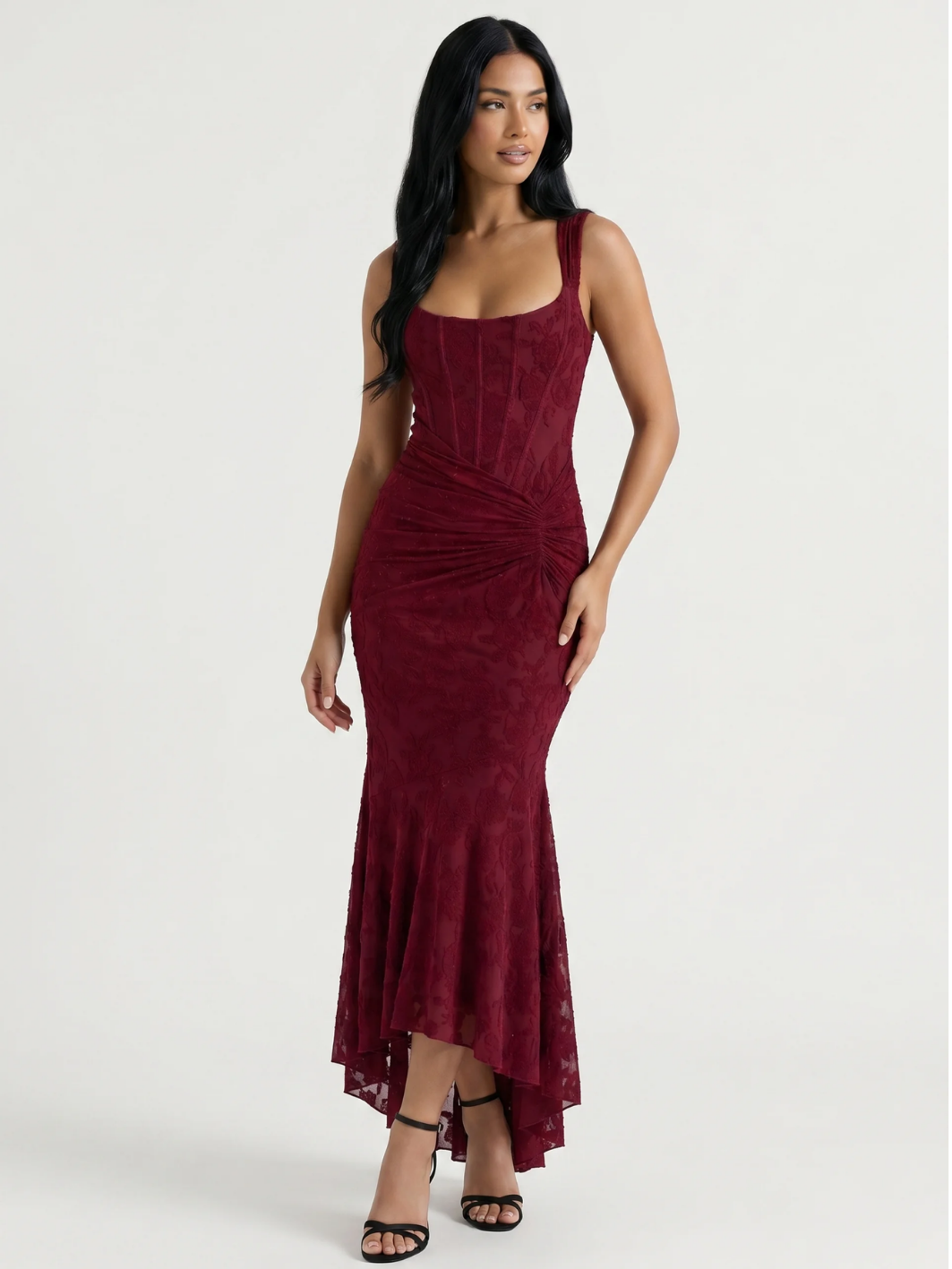 EVANGELINE Women's Corset Bodice Ruched High-Low Midi Dress
