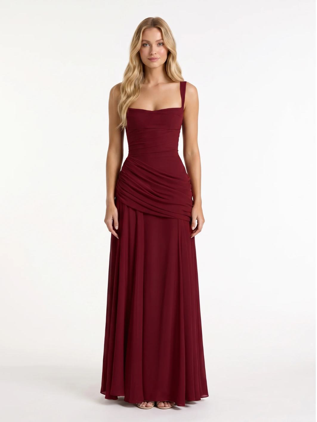 ADELINE Women's Square-Neck Ruched Maxi Dress with Draped Waist