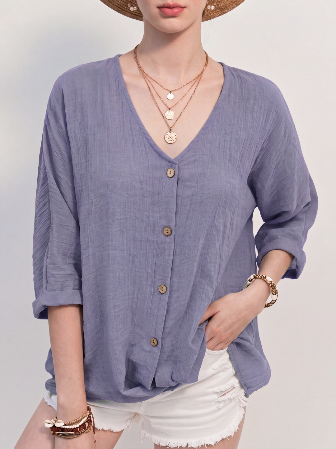 FREYA Women's Relaxed V-Neck Button-Up Linen Blouse