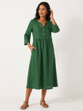 OLIVIA Women's Linen Gathered Midi Dress with Three-Quarter Sleeves