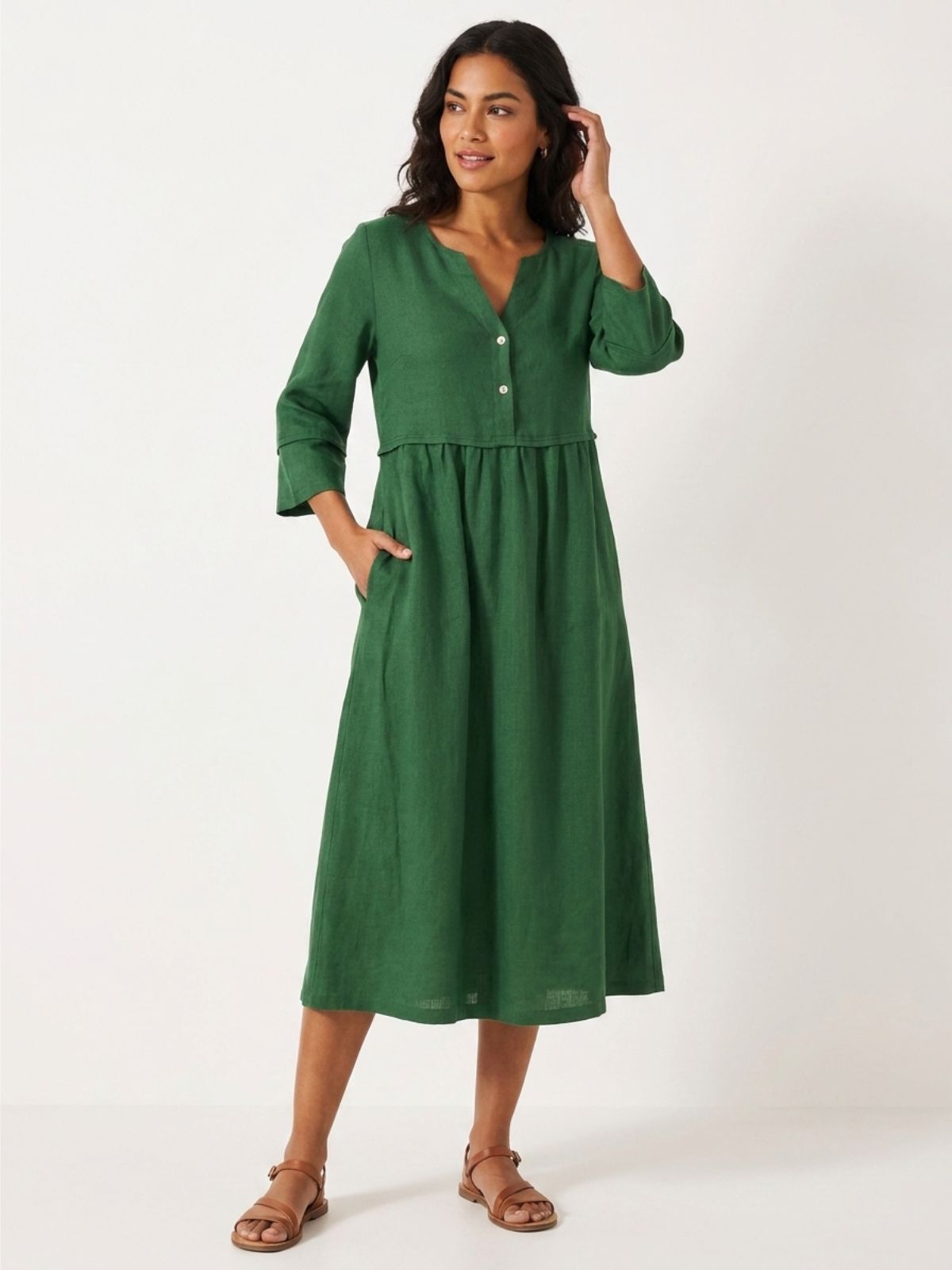 OLIVIA Women's Linen Gathered Midi Dress with Three-Quarter Sleeves
