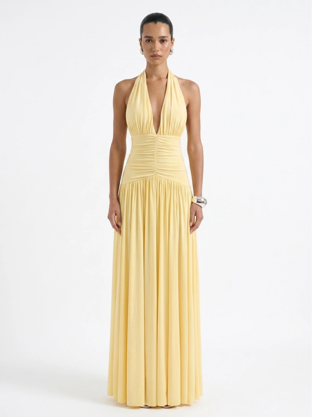 MACKENZIE Women's Plunge-Neck Maxi Dress with Gathered Detailing