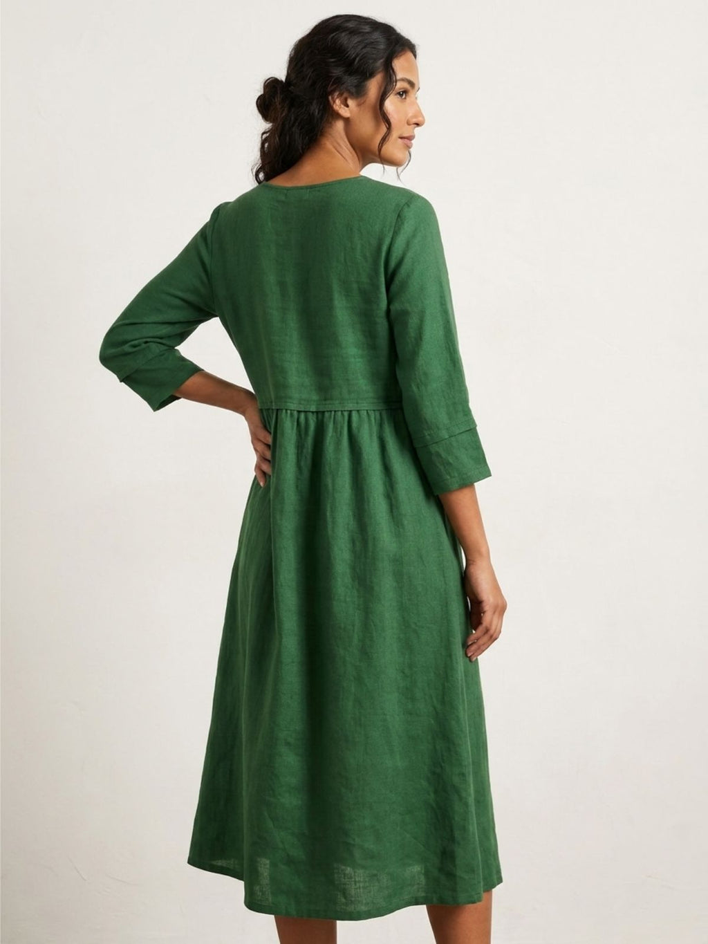 OLIVIA Women's Linen Gathered Midi Dress with Three-Quarter Sleeves