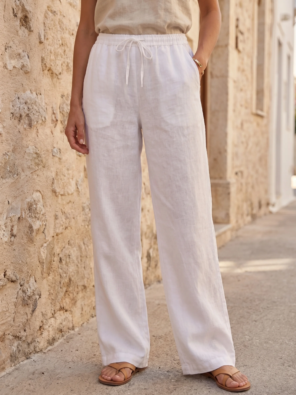 ELISE Women's Straight-Leg Linen Drawstring Pant with Pockets