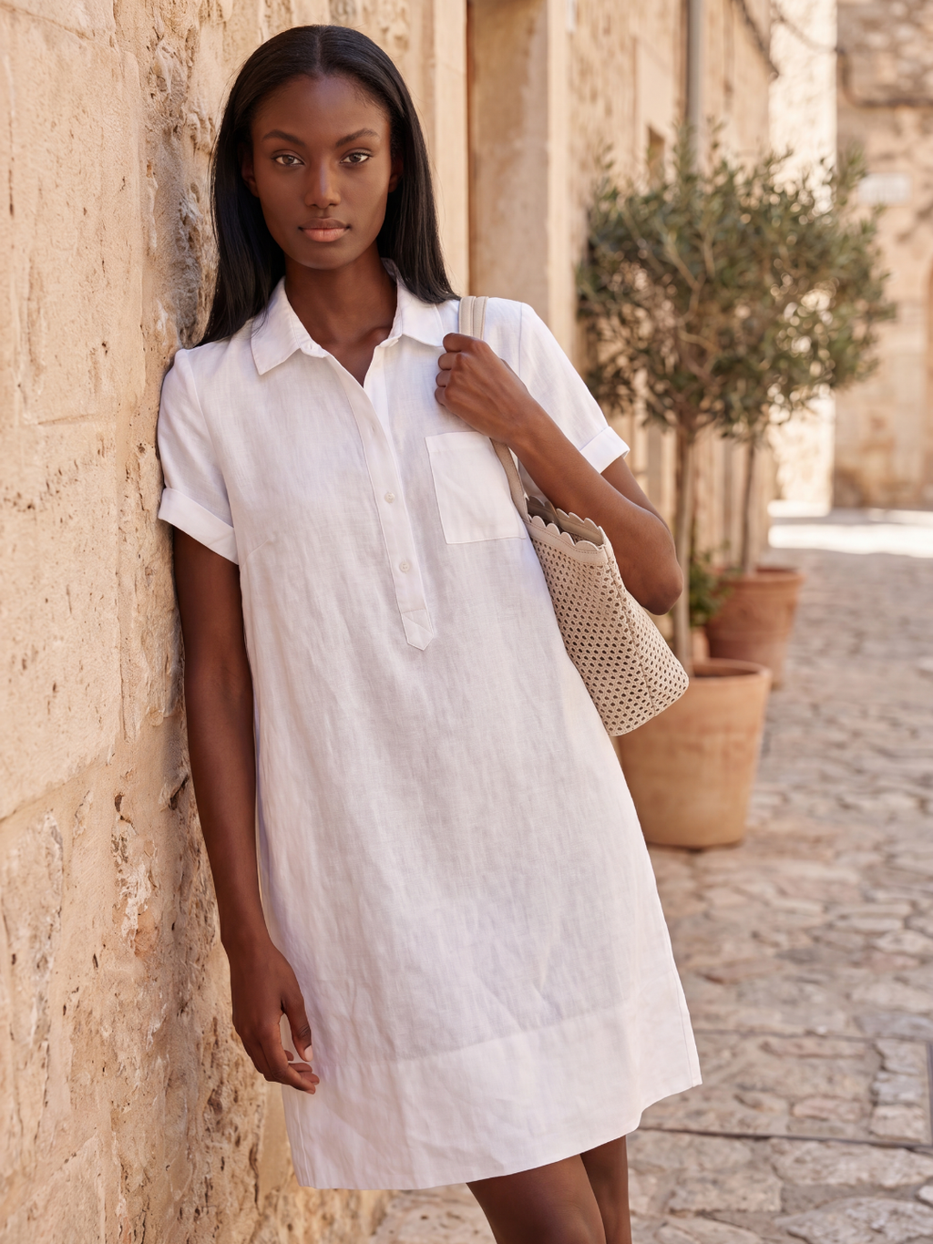 HAZEL Women's Short-Sleeve Linen Relaxed Popover Shirtdress with Pockets